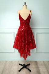 Bridesmaide Dress Colors, Burgundy v neck lace high low prom dress lace formal dress