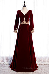 Evening Dress Princess, Burgundy V Neck Long Sleeves Embroidery Velvet Maxi Formal Dress with Button