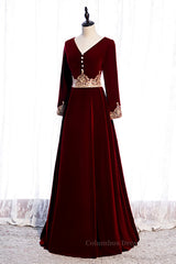 Evening Dress Long Elegant, Burgundy V Neck Long Sleeves Embroidery Velvet Maxi Formal Dress with Button