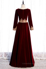 Evening Dresses Long Elegant, Burgundy V Neck Long Sleeves Embroidery Velvet Maxi Formal Dress with Button