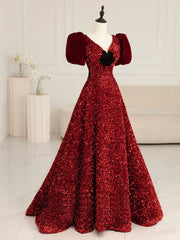 Formal Dress Website, Burgundy V Neck Sequin Long Prom Dress, Burgundy Evening Dress