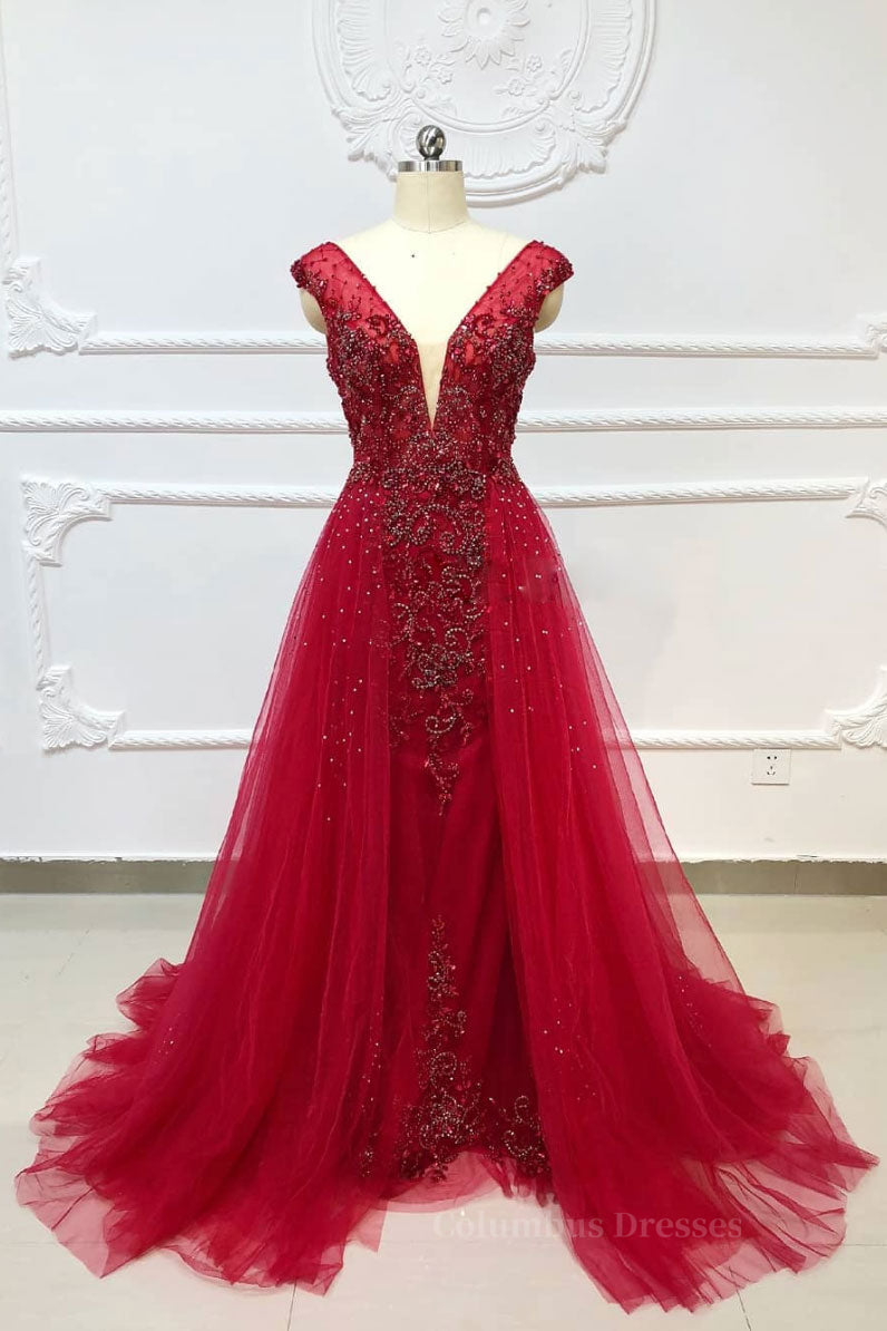 Formal Dress Outfit Ideas, Burgundy v neck tulle beads long prom dress, burgundy evening dress