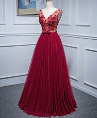 Prom Dresses Modest, Burgundy V Neck Tulle Lace Long Prom Dress, Burgundy Evening Dress
