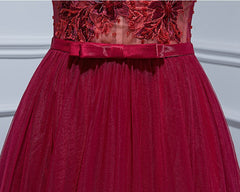 Prom Dresses Curvy, Burgundy V Neck Tulle Lace Long Prom Dress, Burgundy Evening Dress