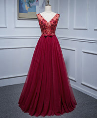 Prom Dresse Backless, Burgundy V Neck Tulle Lace Long Prom Dress, Burgundy Evening Dress