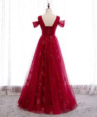Evening Dress Shops, Burgundy V Neck Tulle Lace Long Prom Dress Burgundy Evening Dress
