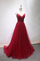 Formal Dress Places Near Me, Burgundy V-Neck Tulle Long Prom Dress, A-Line Backless Evening Party Dress