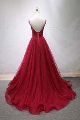 Formal Dress Cheap, Burgundy V-Neck Tulle Long Prom Dress, A-Line Backless Evening Party Dress