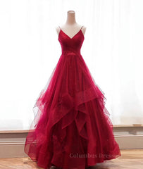 Aesthetic Dress, Burgundy v neck tulle long prom dress, burgundy evening dress