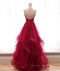 Girlie Dress, Burgundy v neck tulle long prom dress, burgundy evening dress