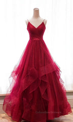Prom Outfit, Burgundy v neck tulle long prom dress, burgundy evening dress