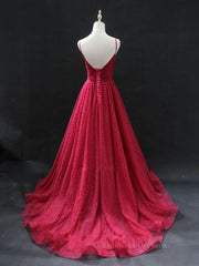 Modest Prom Dress, Burgundy v  neck tulle long prom dress, burgundy tulle formal dress