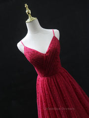 Off Shoulder Dress, Burgundy v  neck tulle long prom dress, burgundy tulle formal dress