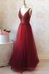 Prom Dresses 2058 Fashion Outfit, Burgundy v neck tulle sequin lace long prom dress