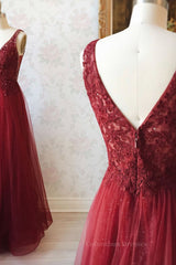 Prom Dress Cute, Burgundy v neck tulle sequin lace long prom dress