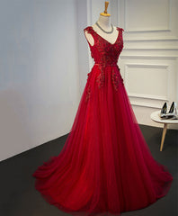 Bridesmaids Dresses Colors, Burgundy V Neck Tulle Short Long Dress, Burgundy Evening Dress