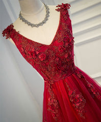 Bridesmaid Dress Color, Burgundy V Neck Tulle Short Long Dress, Burgundy Evening Dress