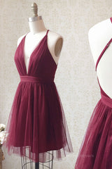 Homecoming Dress Inspo, Burgundy v neck tulle short prom dress burgundy homecoming dress