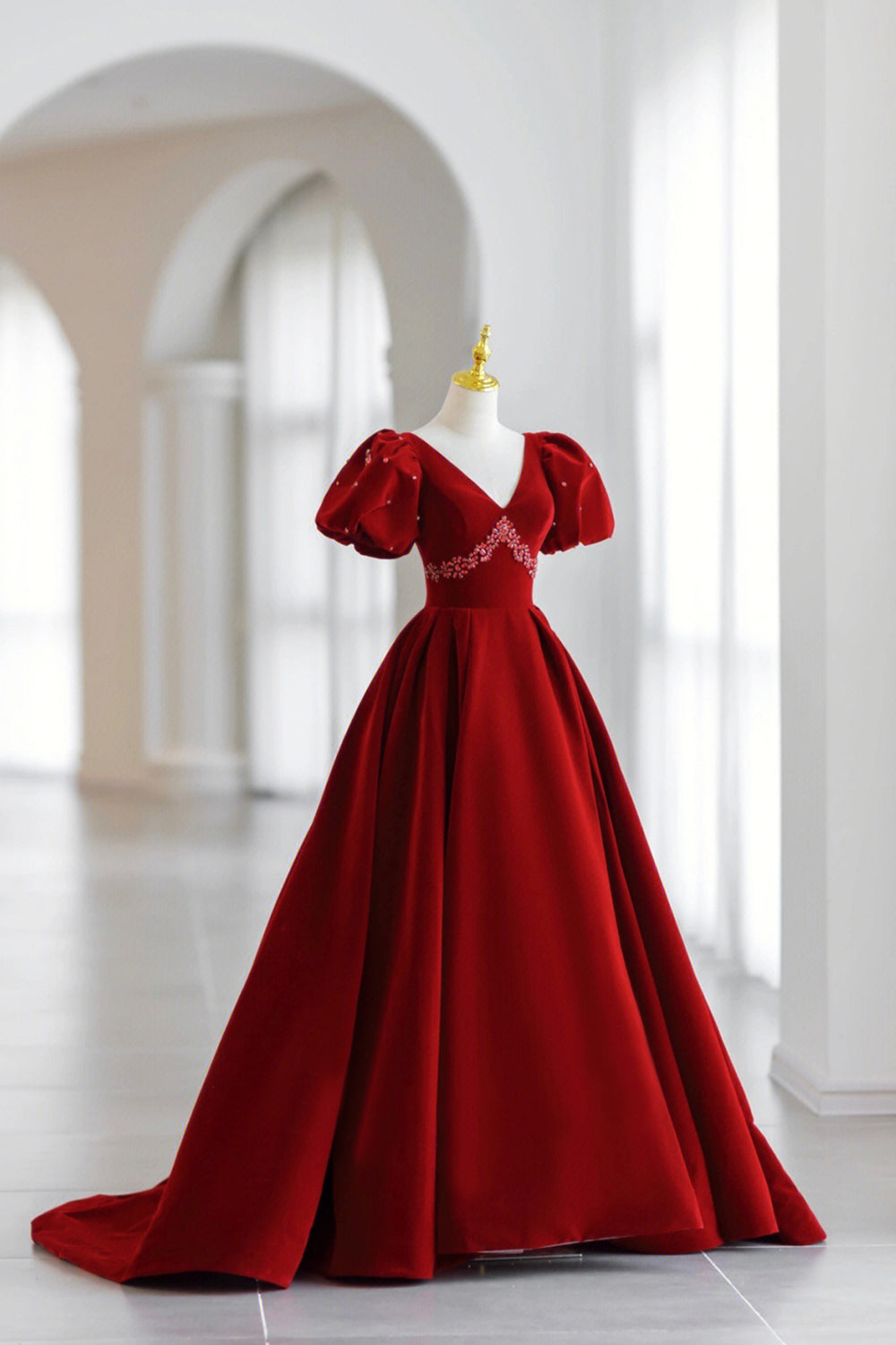 Wedding Color Palette, Burgundy V-Neck Velvet Long Formal Dress, A-Line Short Sleeve Evening Dress