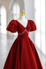 Winter Formal, Burgundy V-Neck Velvet Long Formal Dress, A-Line Short Sleeve Evening Dress