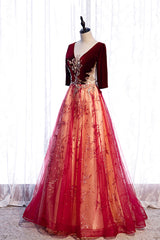 Prom Dress For Sale, Burgundy V-Neck Velvet Tulle Long Prom Dress, A-Line 1/2 Sleeve Evening Dress