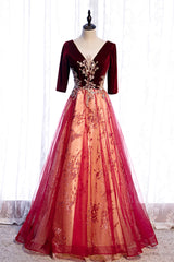 Prom Dresses For Sale, Burgundy V-Neck Velvet Tulle Long Prom Dress, A-Line 1/2 Sleeve Evening Dress