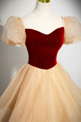 Prom Dresses Brands, Burgundy Velvet Glitter Cascading Ruffles Prom Dress, Champagne Tulle Floor Length Evening Dress