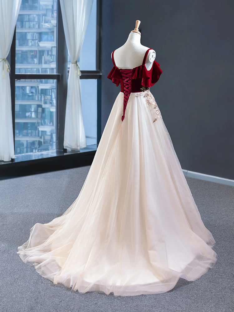 Party Dresses Fall, Burgundy Velvet Lace Long Prom Dress, A-Line Off Shoulder Evening Dress