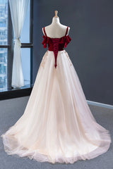 Party Dress For Ladies, Burgundy Velvet Lace Long Prom Dress, A-Line Off Shoulder Evening Dress