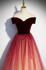 Prom Dress Type, Burgundy Velvet Long A-Line Formal Dress, Off the Shoulder Evening Party Dress