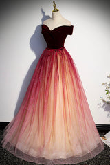 Prom Dresses Aesthetic, Burgundy Velvet Long A-Line Formal Dress, Off the Shoulder Evening Party Dress