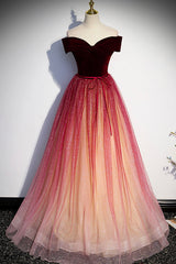 Prom Dress Types, Burgundy Velvet Long A-Line Formal Dress, Off the Shoulder Evening Party Dress