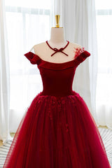 Prom Dresses Laced, Burgundy Velvet Long A-Line Prom Dress, Burgundy Formal Evening Dress