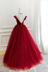 Prom Dresses Laces, Burgundy Velvet Long A-Line Prom Dress, Burgundy Formal Evening Dress