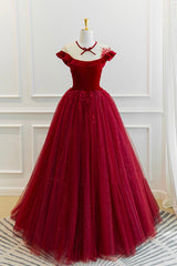 Prom Dresses Ball Gowns, Burgundy Velvet Long A-Line Prom Dress, Burgundy Formal Evening Dress