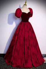 Prom Dress Inspiration, Burgundy Velvet Long A-Line Prom Dress, Burgundy Short Sleeve Evening Dress