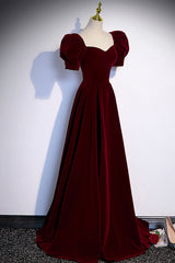 Night Out Outfit, Burgundy Velvet Long A-Line Prom Dress, Simple Short Sleeve Party Dress