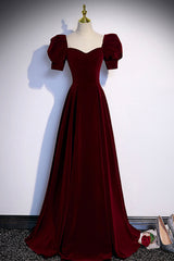 Party Dress For Girl, Burgundy Velvet Long A-Line Prom Dress, Simple Short Sleeve Party Dress