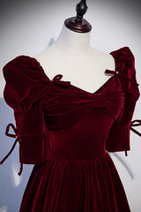 Prom Dress Colors, Burgundy Velvet Long Evening Party Dress, A-Line Short Sleeve Prom Dress