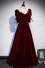 Prom Dress Color, Burgundy Velvet Long Evening Party Dress, A-Line Short Sleeve Prom Dress