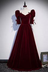 Prom Dress Boutique, Burgundy Velvet Long Evening Party Dress, A-Line Short Sleeve Prom Dress