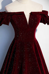 Prom Dress 3 7 Sleeves, Burgundy Velvet Long Prom Dress, A-Line Off the Shoulder Evening Dress
