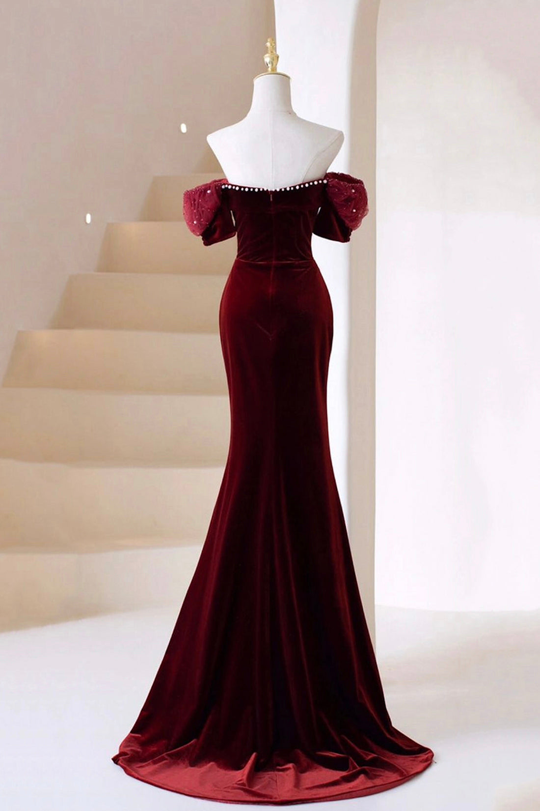 Prom Dress Piece, Burgundy Velvet Long Prom Dress, Burgundy Off Shoulder Pearl Evening Dress
