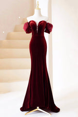 Prom Dresses Piece, Burgundy Velvet Long Prom Dress, Burgundy Off Shoulder Pearl Evening Dress