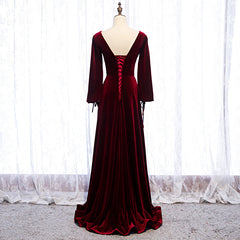 Homecoming Dress Simple, Burgundy Velvet Long Sleeves A-line Prom Dress, Long Simple Bridesmaid Dresses