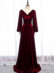 Homecoming Dresses For Middle School, Burgundy Velvet Long Sleeves A-line Prom Dress, Long Simple Bridesmaid Dresses