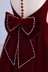 Bridesmaid Dresses Styles Long, Burgundy Velvet Tea Length Prom Dress, A-Line Party Dress with Bow