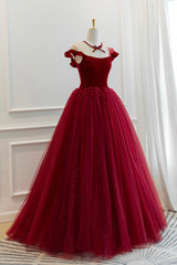 Prom Dresses Corset, Burgundy Velvet Tulle Floor Length Prom Dress, Lovely Evening Party Dress