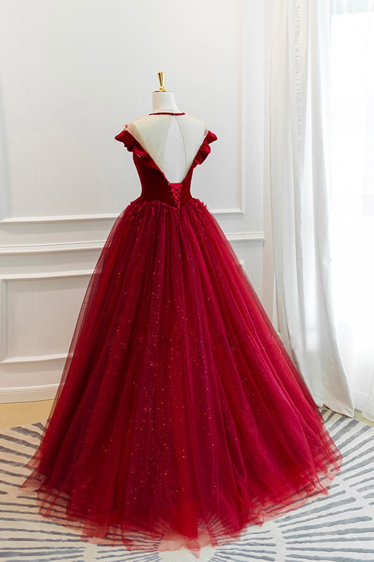 Prom Dress Boho, Burgundy Velvet Tulle Floor Length Prom Dress, Lovely Evening Party Dress