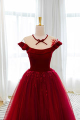 Prom Dress Outfits, Burgundy Velvet Tulle Floor Length Prom Dress, Lovely Evening Party Dress